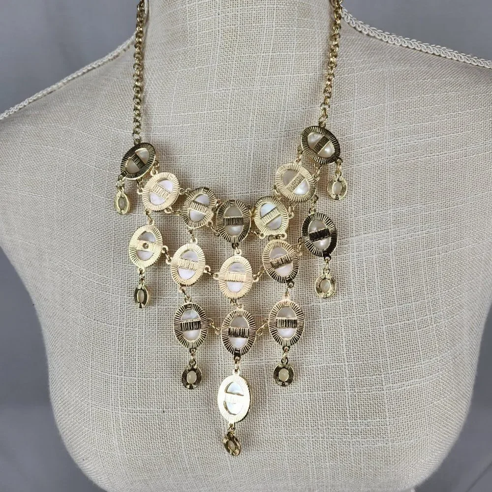 Costume Gold Tone Ivory Bubble Faceted Bib Chain Necklace 21